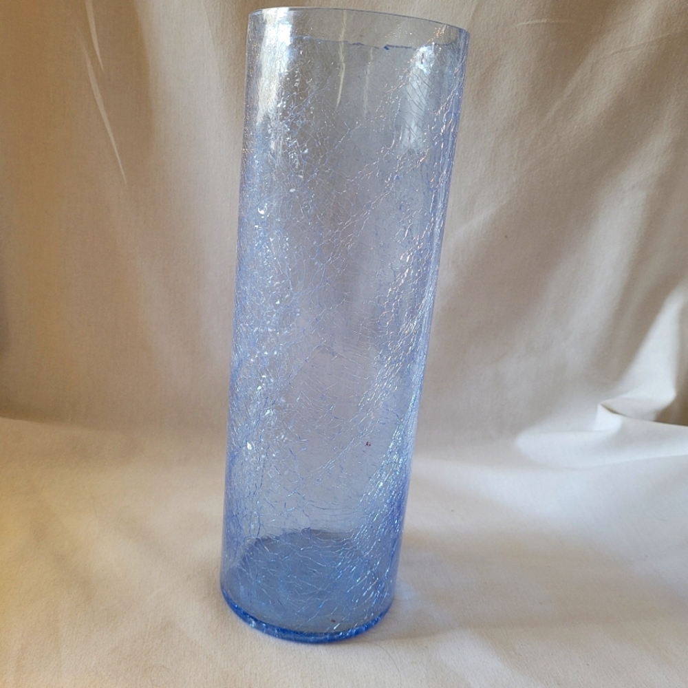 Vintage Crackle Glass 12 inch Cylinder Vase Light Blue